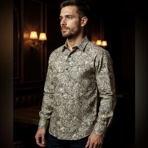PAUL FREDRICK SILK  BUTTON DOWN SHIRT SIZE S DARK GREY PAISLEY DESIGN CREAM